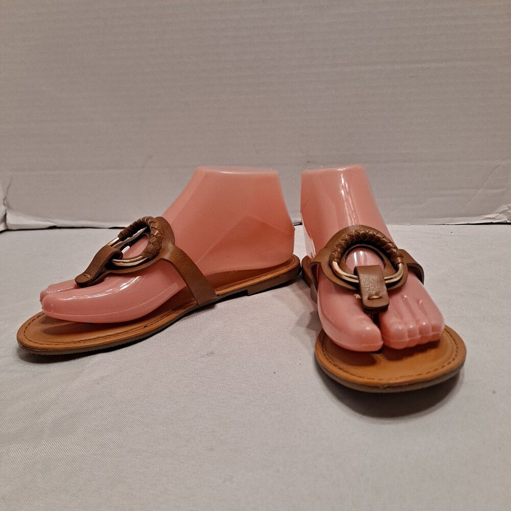 Bamboo Women's Thong Sandals Size 6.5 O-Ring Braided Accent Brown Faux Leather